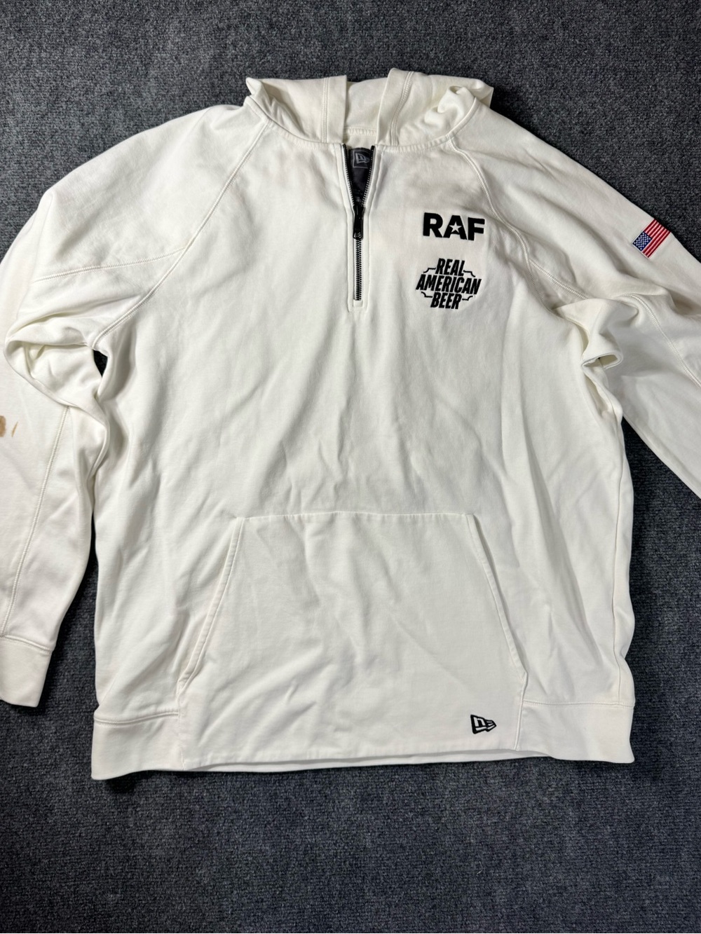 New Era White Men’s Quarter-Zip Hoodie with RAF & Real American Beer Logos